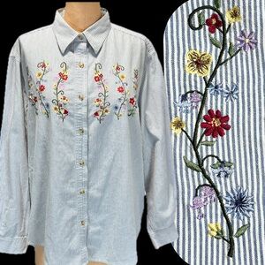 VINTAGE wildflower woodland embroidered floral button down shirt‎ ticking stripe